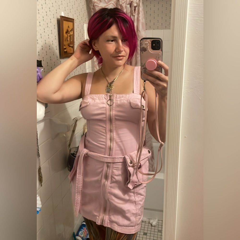 Finders Keepers Pink Zip Up Dress with Pocket Belt Size Medium